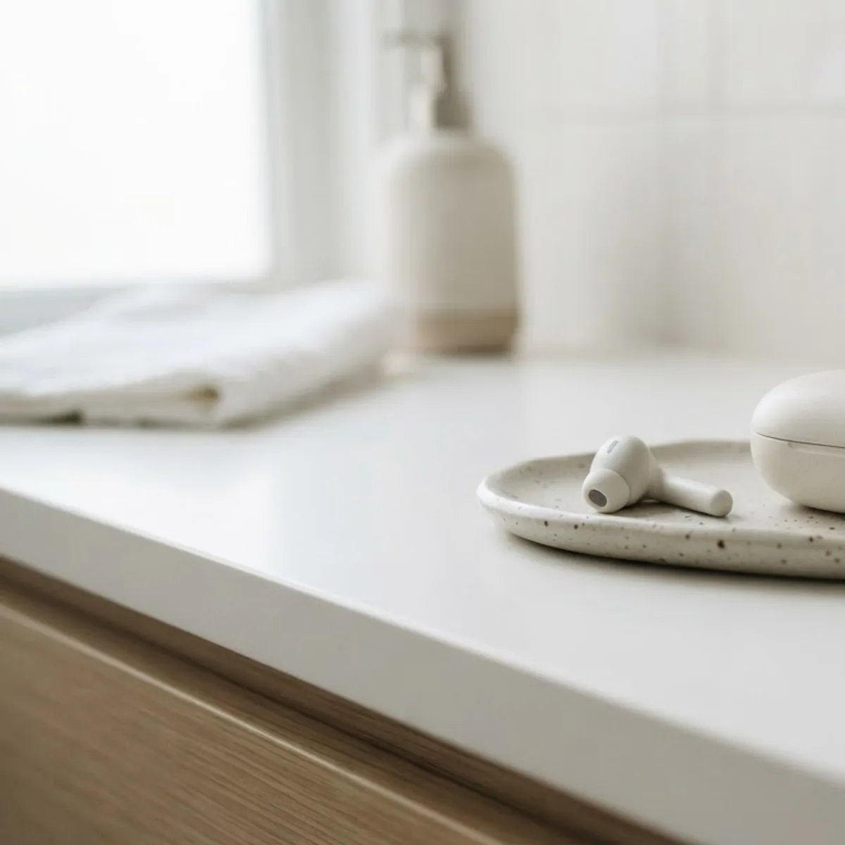 A white earbuds case and one earbud on a ceramic tray on a bright white counter