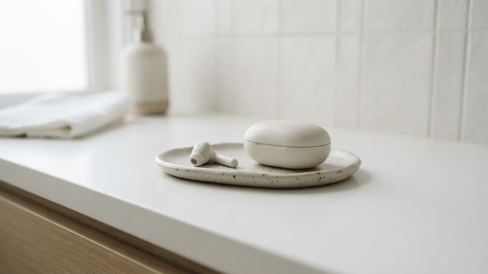 A white earbuds case and one earbud on a ceramic tray on a bright white counter