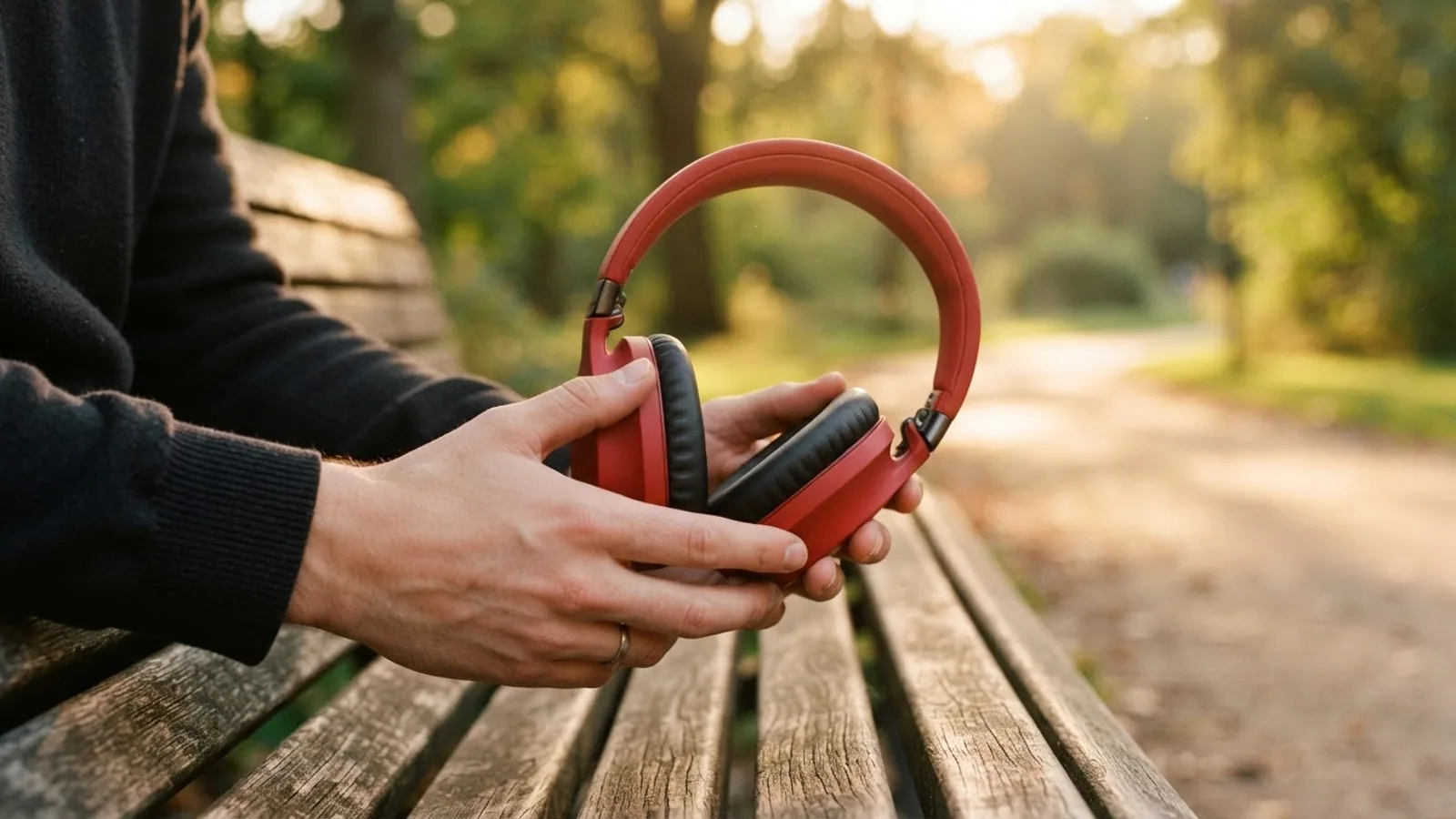 Hands holding red over-ear headphones on a park bench at golden hour