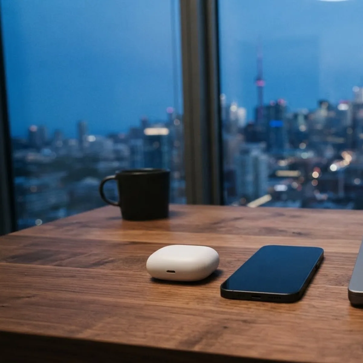 A white earbuds case, a phone and a closed laptop on a walnut desk in front of a city view at dusk