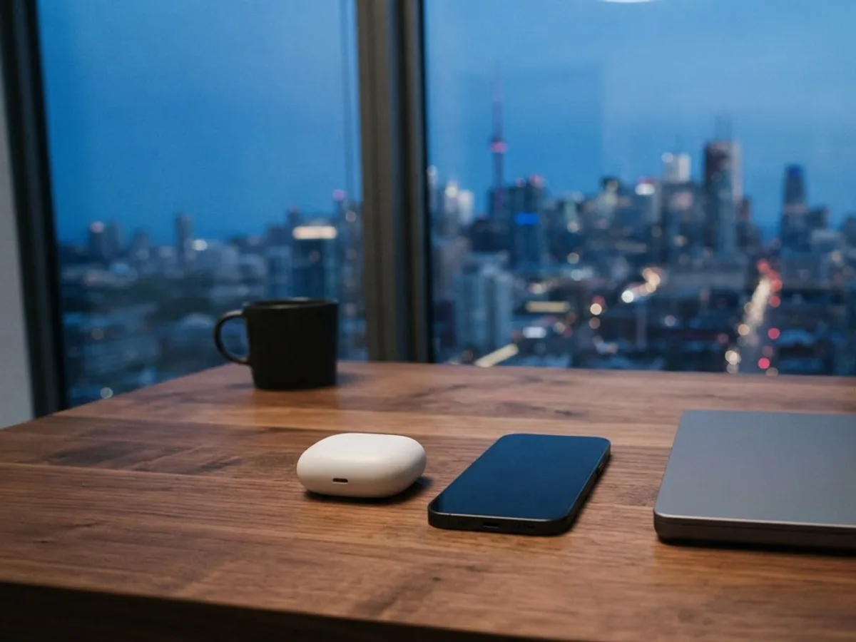 A white earbuds case, a phone and a closed laptop on a walnut desk in front of a city view at dusk