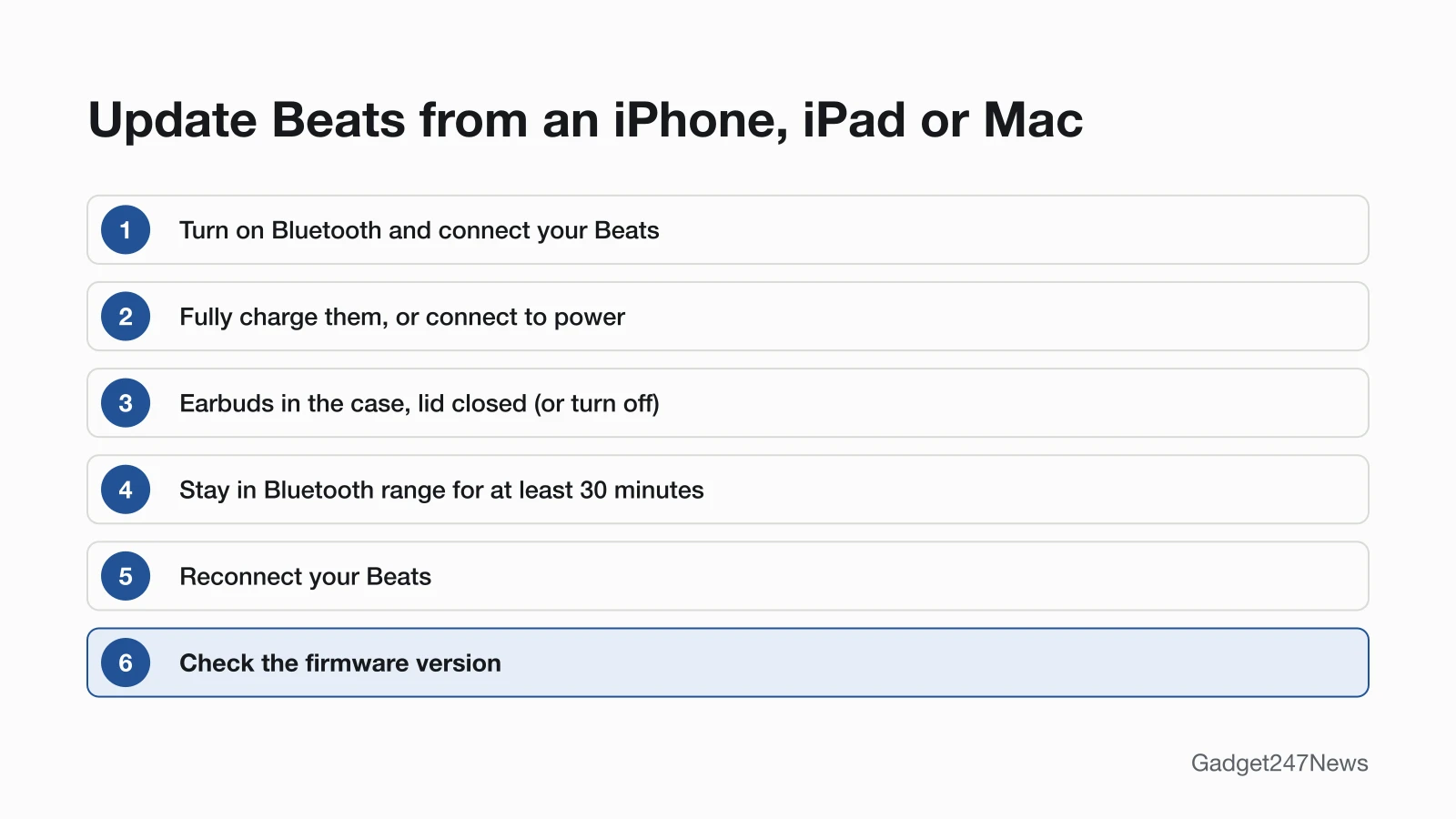 Six steps to update Beats firmware from an iPhone, iPad or Mac: Bluetooth on and connected, fully charged or on power, earbuds in the closed case or device turned off, in Bluetooth range for at least 30 minutes, reconnect, check the version.