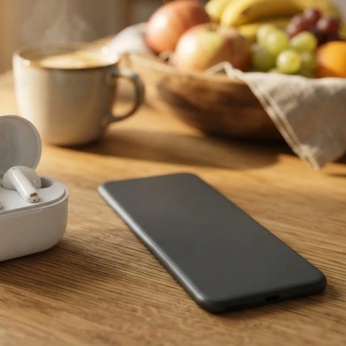 Open white earbud case with two earbuds beside a dark smartphone on a wooden kitchen table in morning light