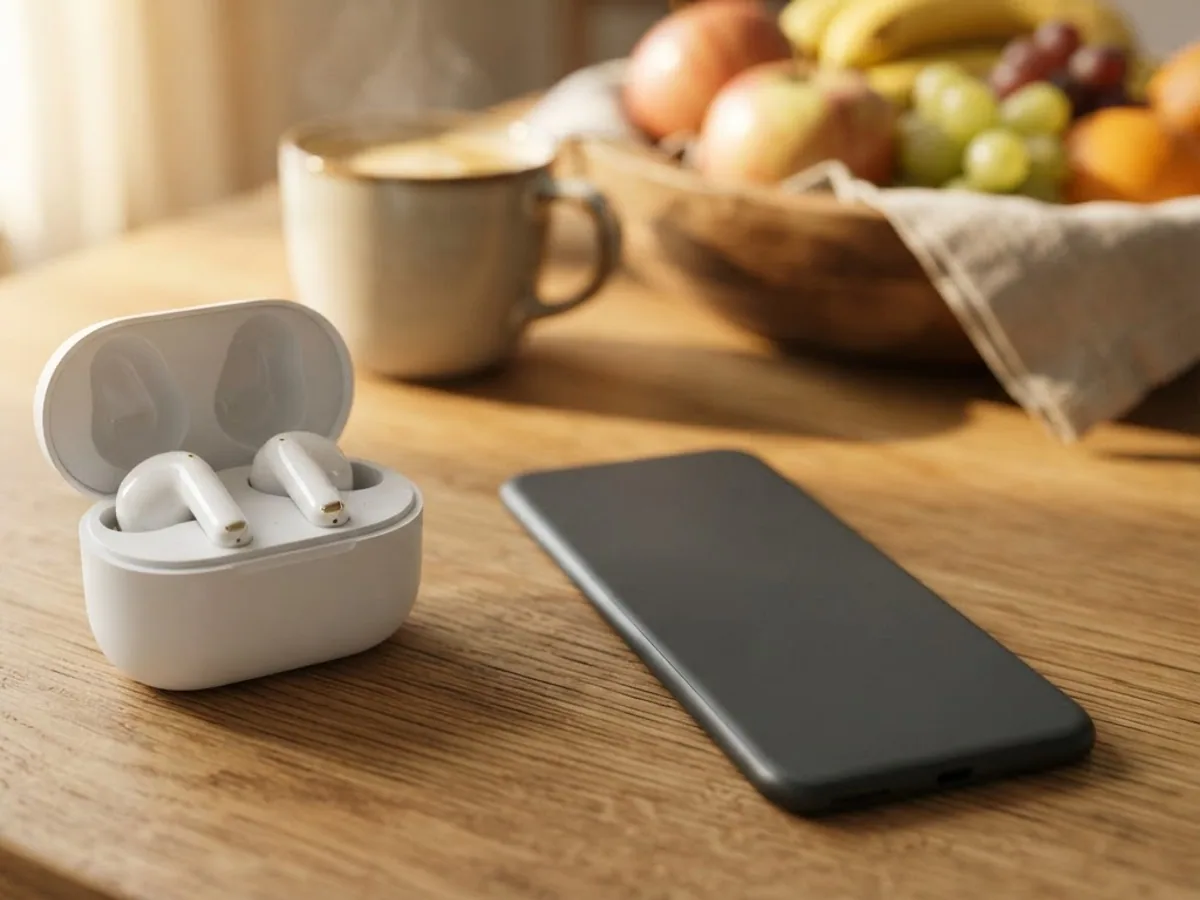 Open white earbud case with two earbuds beside a dark smartphone on a wooden kitchen table in morning light