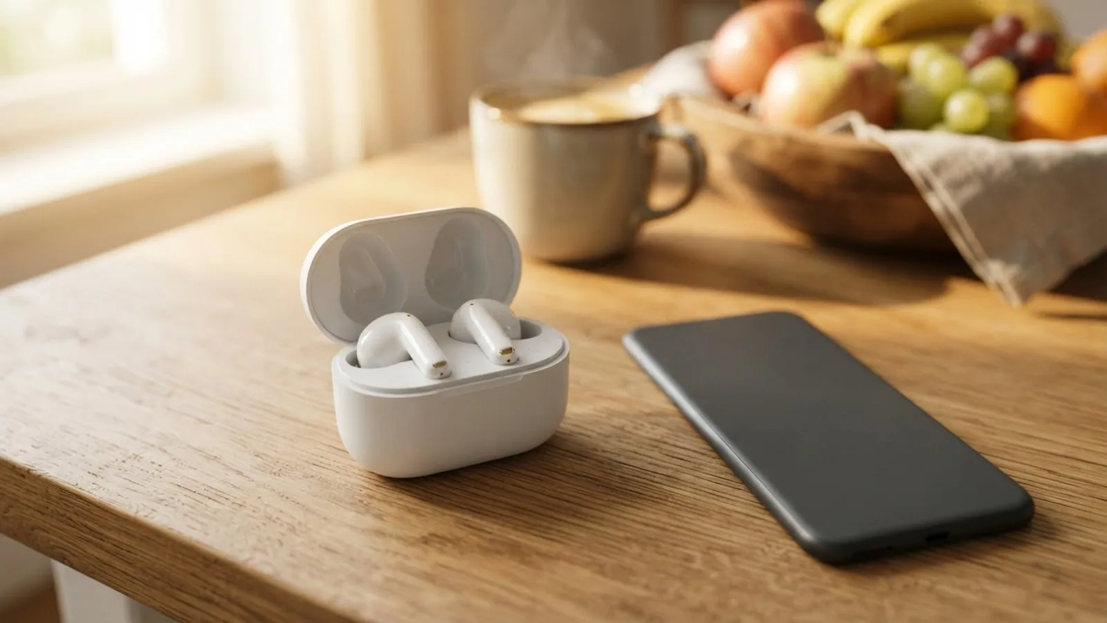 Open white earbud case with two earbuds beside a dark smartphone on a wooden kitchen table in morning light