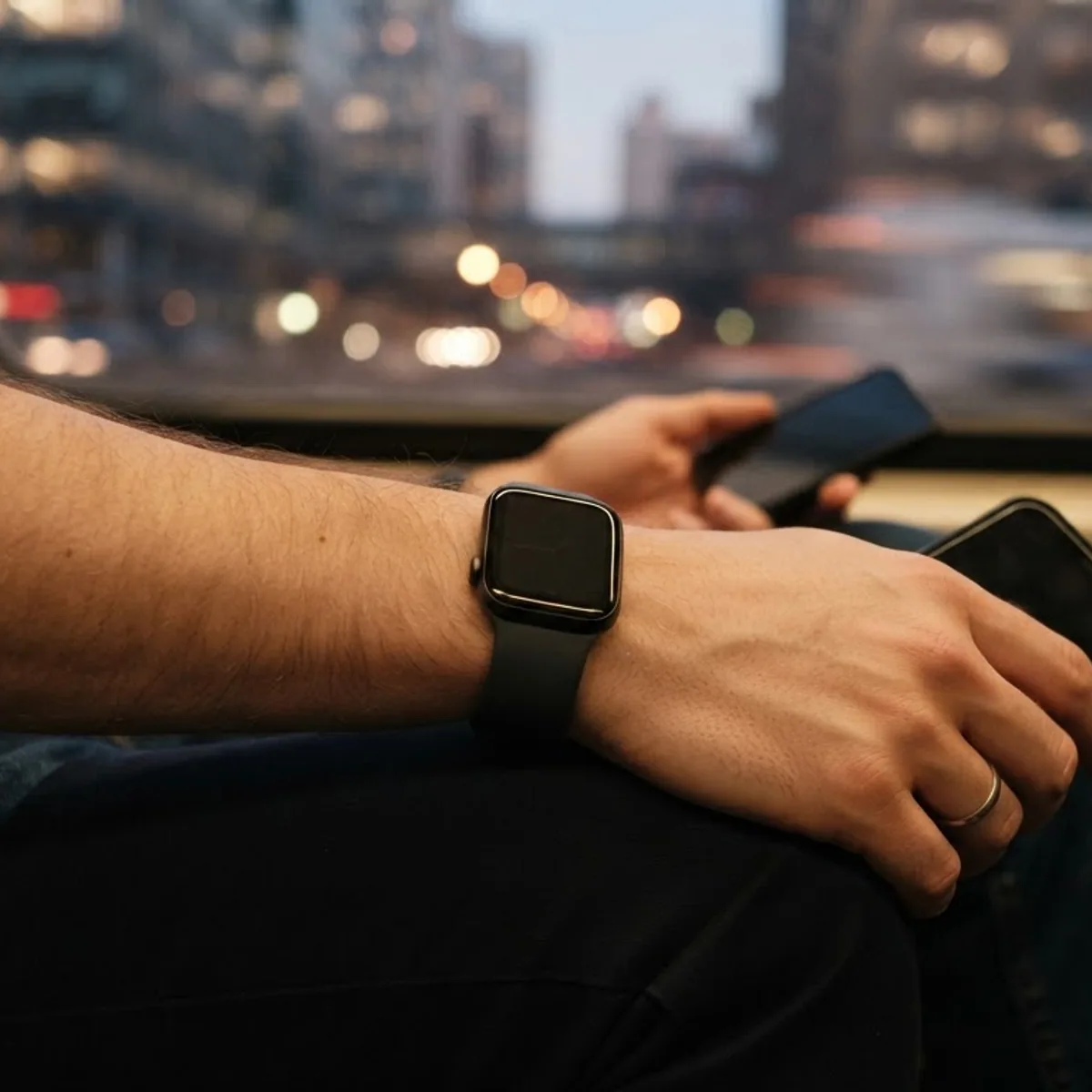 Forearm wearing a square smartwatch resting on a knee on a commuter train, with a smartphone in hand and city lights blurred outside