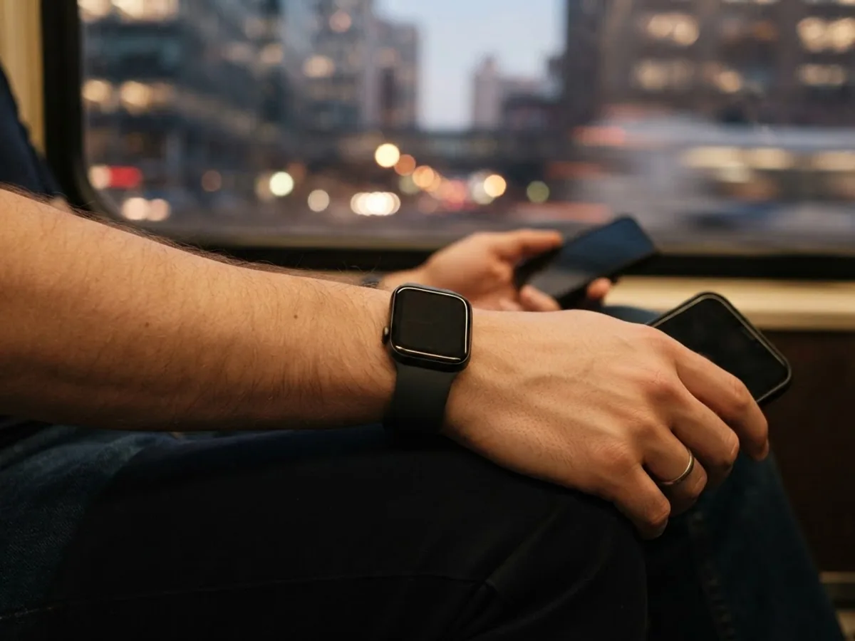 Forearm wearing a square smartwatch resting on a knee on a commuter train, with a smartphone in hand and city lights blurred outside