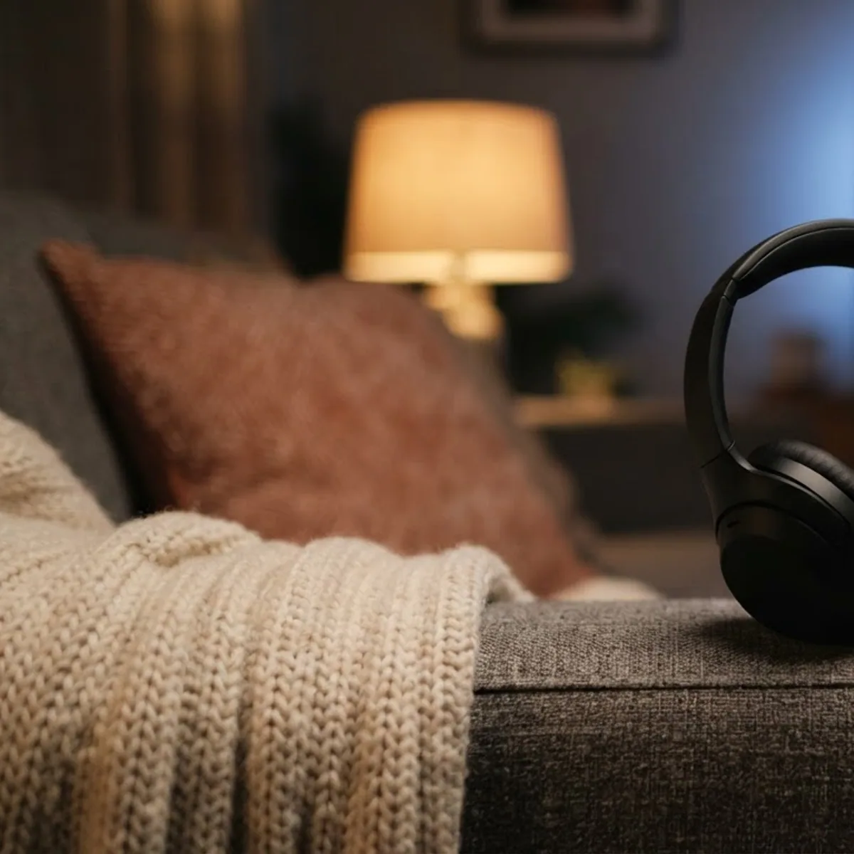 Black over-ear headphones resting on a sofa arm in a living room at night, with a television glowing out of focus behind