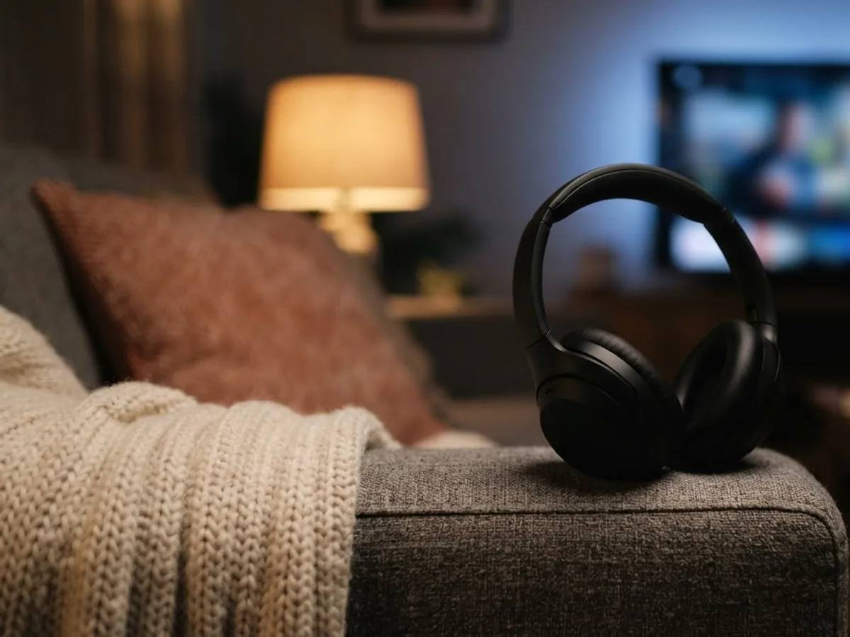 Black over-ear headphones resting on a sofa arm in a living room at night, with a television glowing out of focus behind