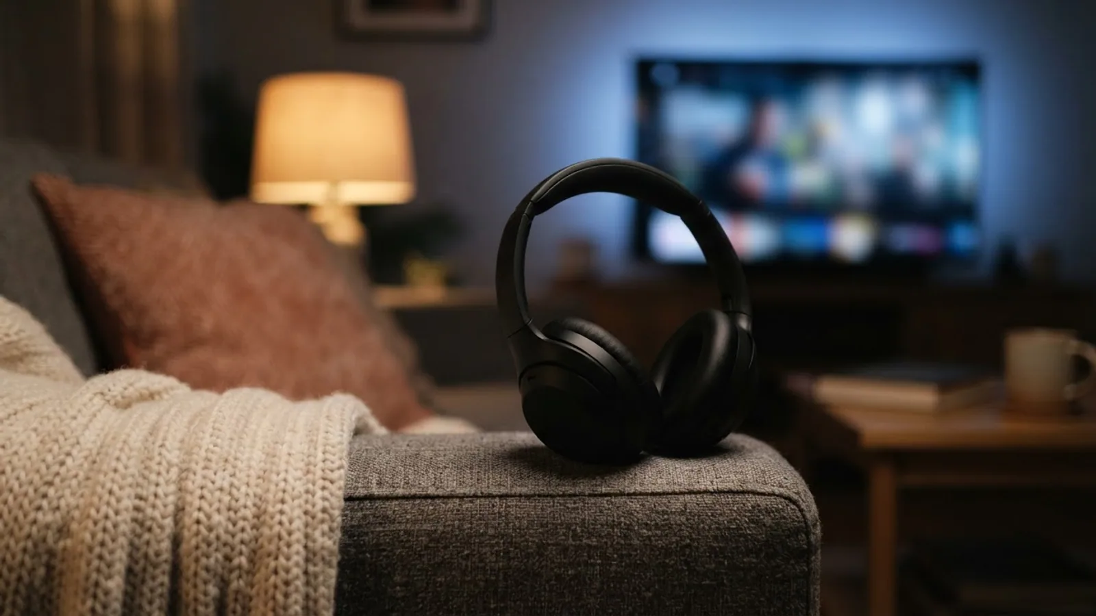 Black over-ear headphones resting on a sofa arm in a living room at night, with a television glowing out of focus behind