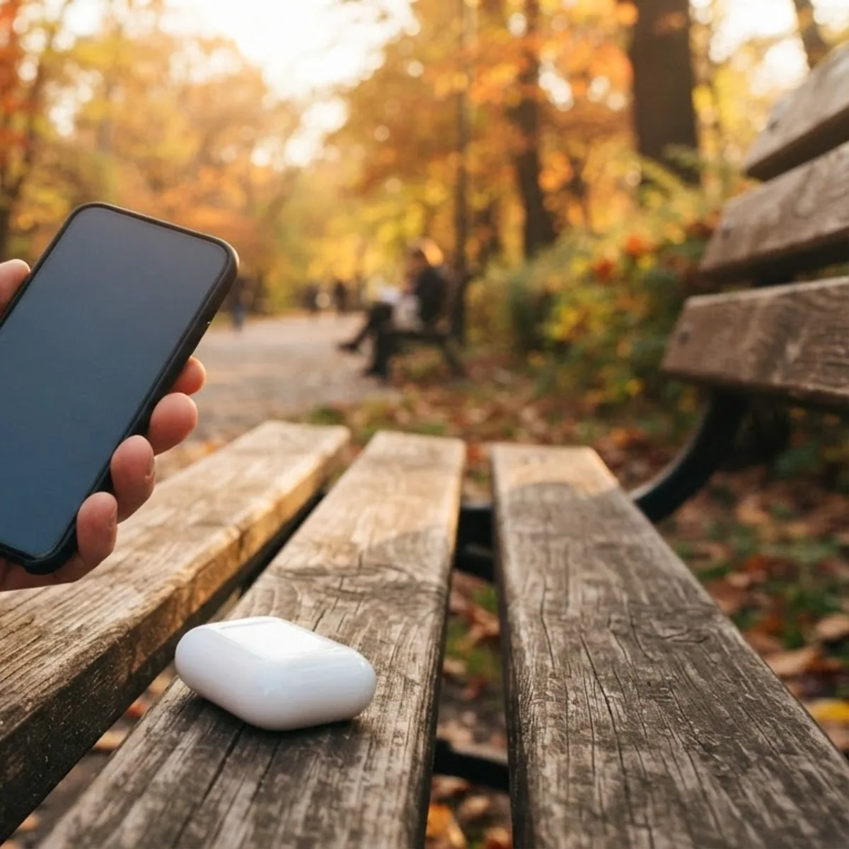 Hand holding a phone with a blank screen above a park bench, a closed earbuds case on the bench