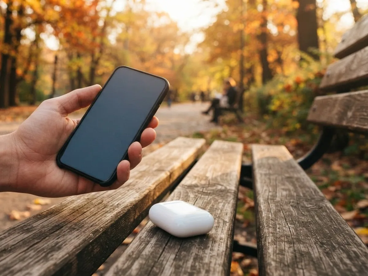 Hand holding a phone with a blank screen above a park bench, a closed earbuds case on the bench