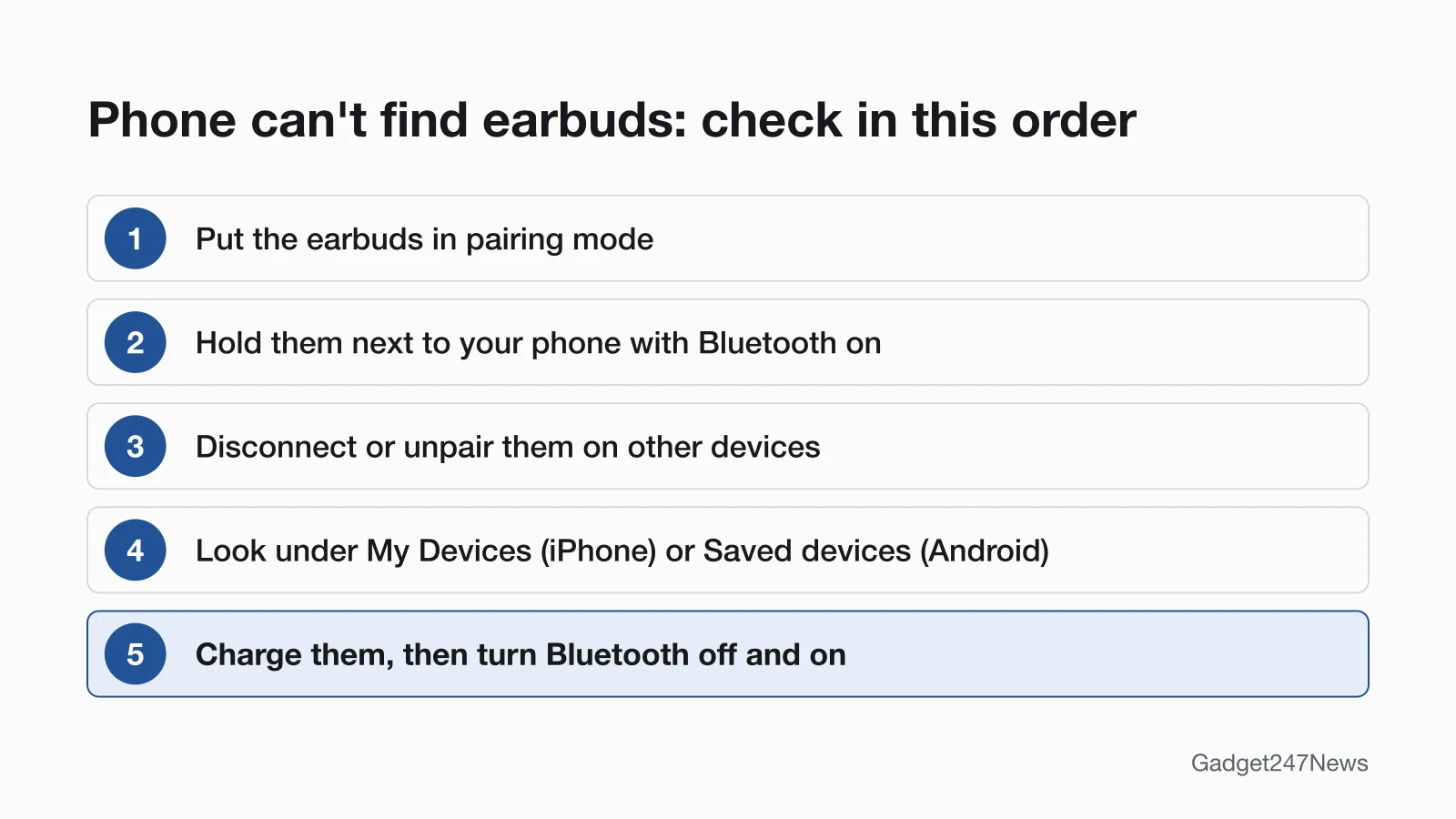 Steps diagram: put the earbuds in pairing mode, hold them next to your phone with Bluetooth on, disconnect or unpair them on other devices, look under My Devices or Saved devices, then charge them and turn Bluetooth off and on.