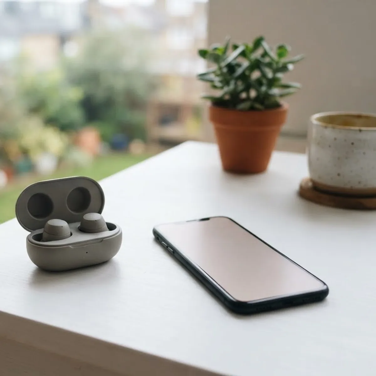 Open grey earbud case next to a smartphone on a white desk by a bright window, with a plant and a cup behind