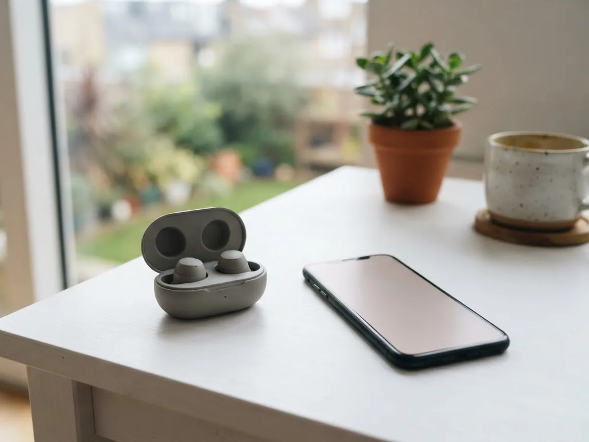Open grey earbud case next to a smartphone on a white desk by a bright window, with a plant and a cup behind