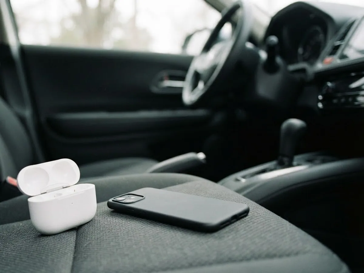 Open white earbuds case and a face-down phone on the passenger seat of a parked car