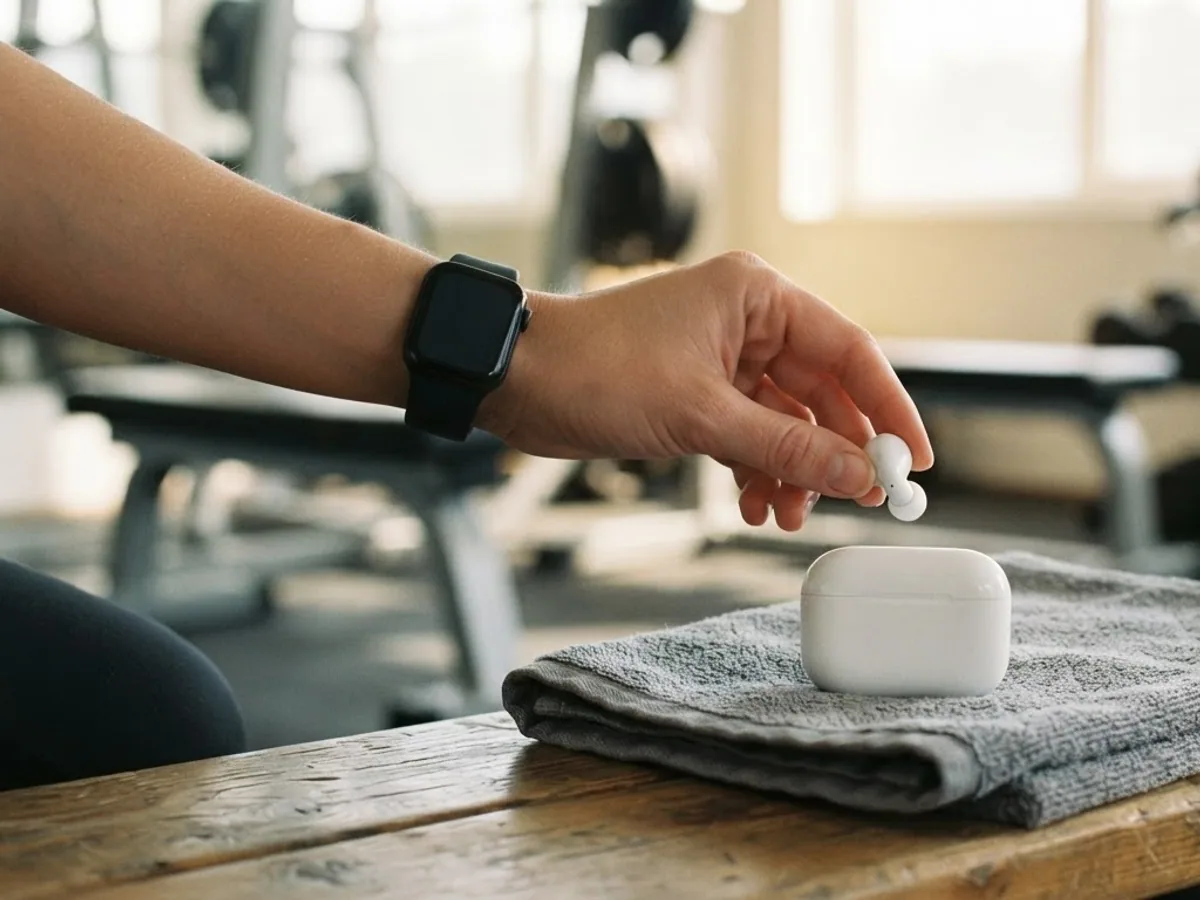 A hand holding a white wireless earbud above its closed case on a towel on a gym bench.