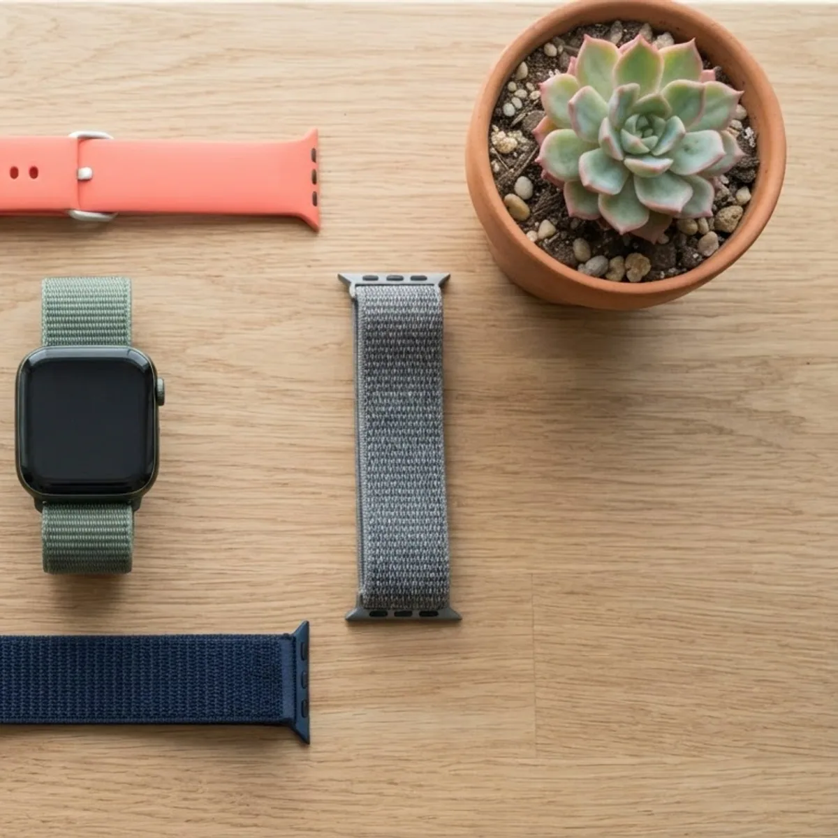 Top down view of a square smartwatch with a green woven band surrounded by four spare straps on an oak table
