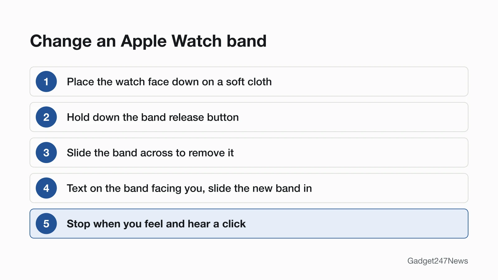 Steps diagram: place the watch face down on a soft cloth, hold down the band release button, slide the band across to remove it, slide the new band in with the text facing you, stop when you feel and hear a click