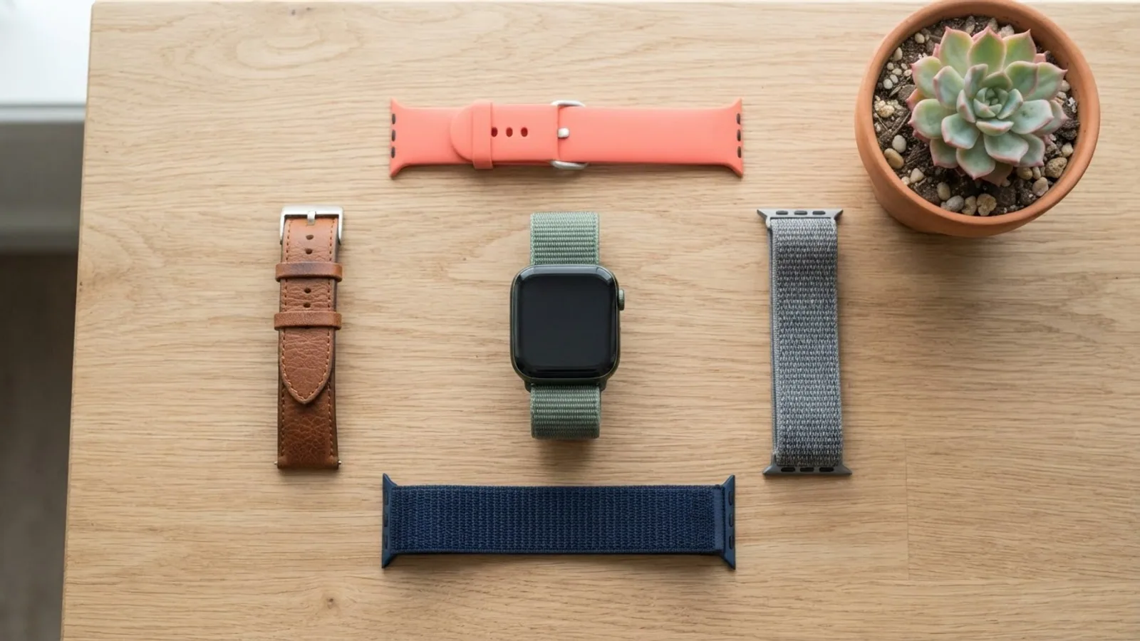 Top down view of a square smartwatch with a green woven band surrounded by four spare straps on an oak table