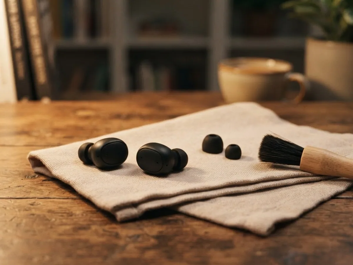 Black wireless earbuds with spare silicone ear tips and a soft brush on a beige cloth on a wooden desk.