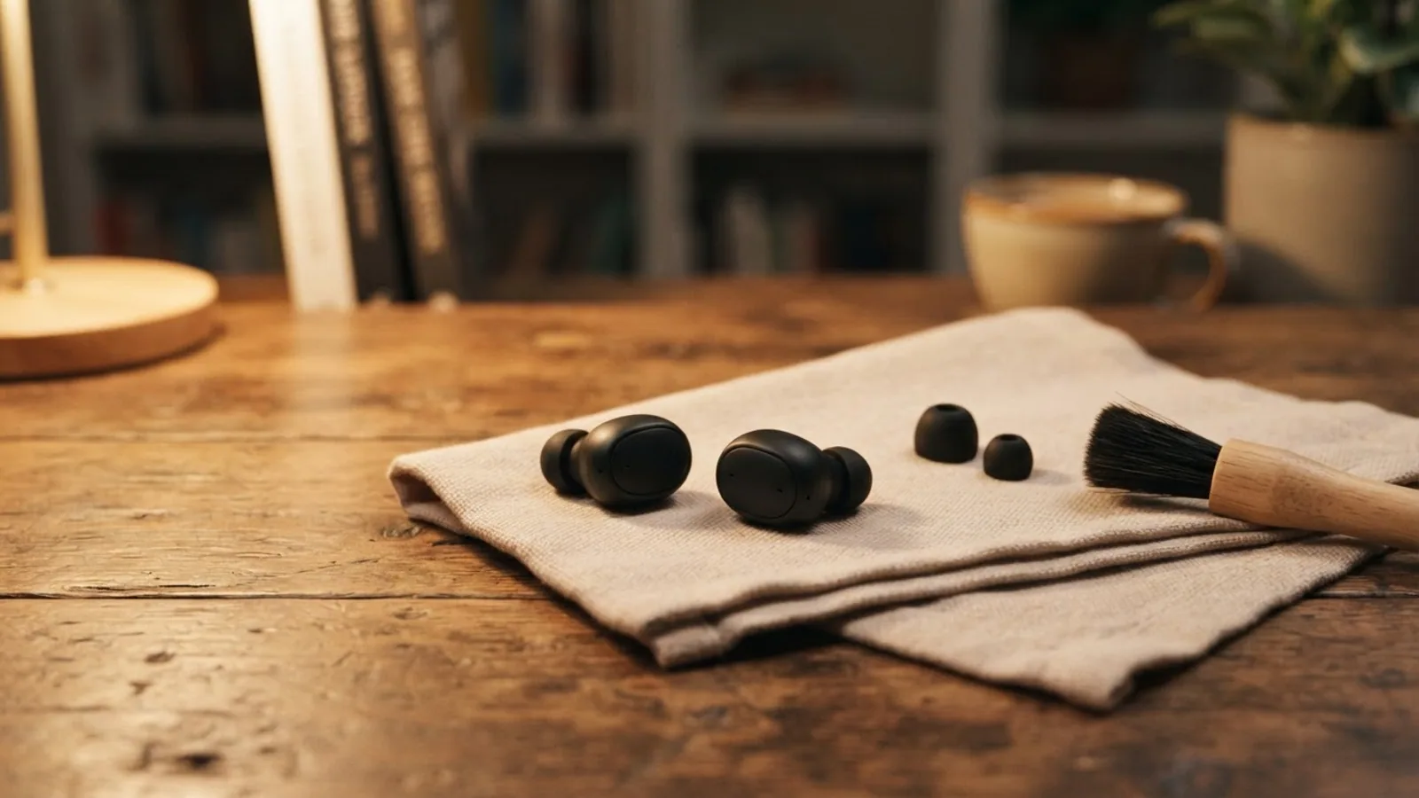 Black wireless earbuds with spare silicone ear tips and a soft brush on a beige cloth on a wooden desk.