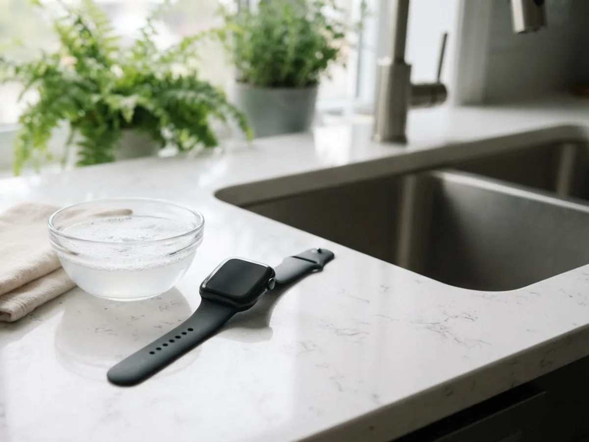 A square smartwatch with a sport band beside a small bowl of soapy water and a cotton cloth on a kitchen counter.