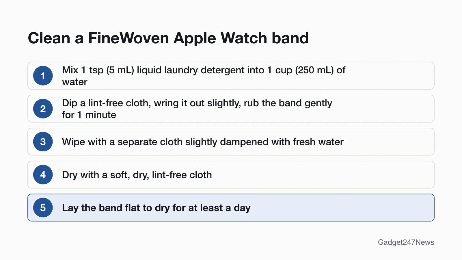 Five steps to clean a FineWoven Apple Watch band: mix 1 tsp of liquid laundry detergent into 1 cup of water, rub the band with a wrung-out cloth for 1 minute, wipe with a fresh-water cloth, dry with a lint-free cloth, then lay it flat to dry for at least a day.