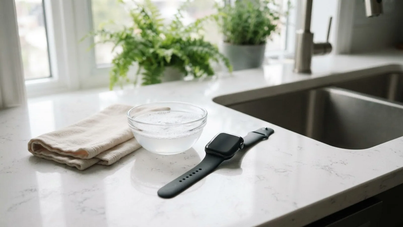 A square smartwatch with a sport band beside a small bowl of soapy water and a cotton cloth on a kitchen counter.