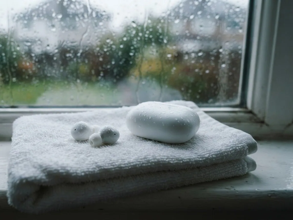 Wet white wireless earbuds with water droplets resting on a folded towel by a rainy window, next to their closed case.