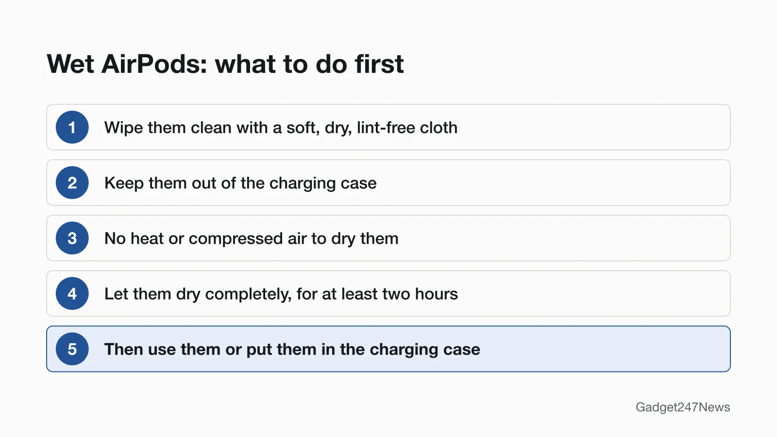 Steps for wet AirPods: wipe them with a soft, dry, lint-free cloth, keep them out of the charging case, use no heat or compressed air, let them dry for at least two hours, then use them or put them in the case.