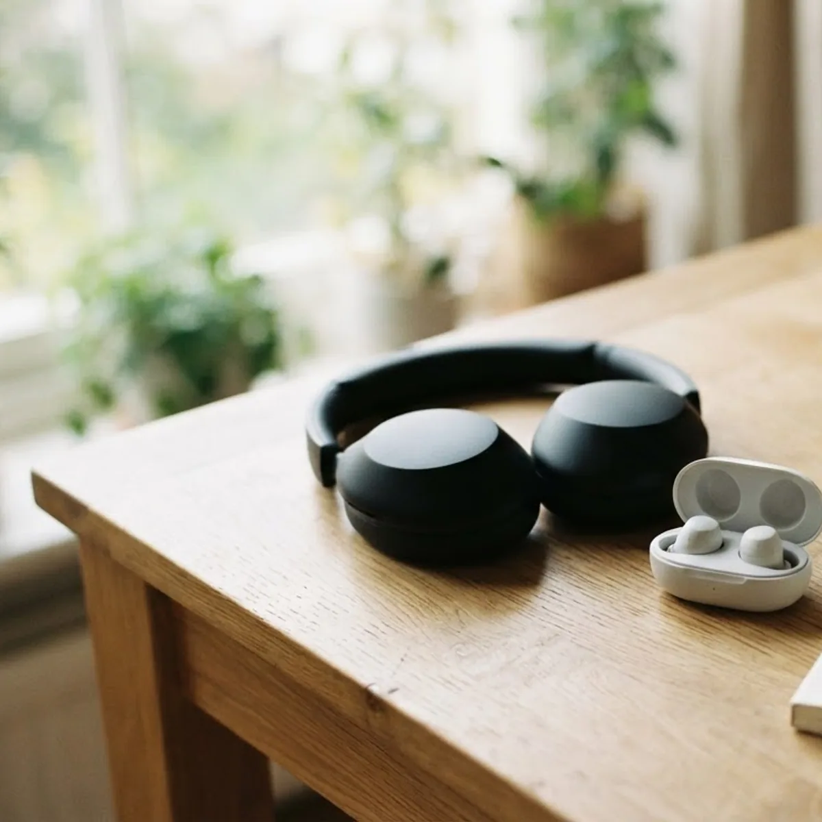 A pair of black over-ear headphones and an open charging case with two white wireless earbuds on a wooden desk, next to a notebook and a coffee cup.