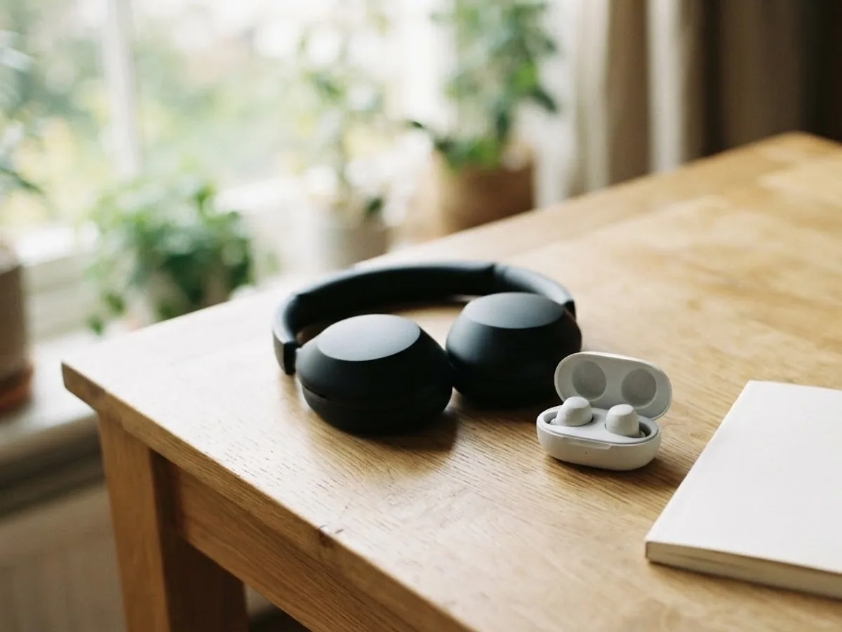 A pair of black over-ear headphones and an open charging case with two white wireless earbuds on a wooden desk, next to a notebook and a coffee cup.