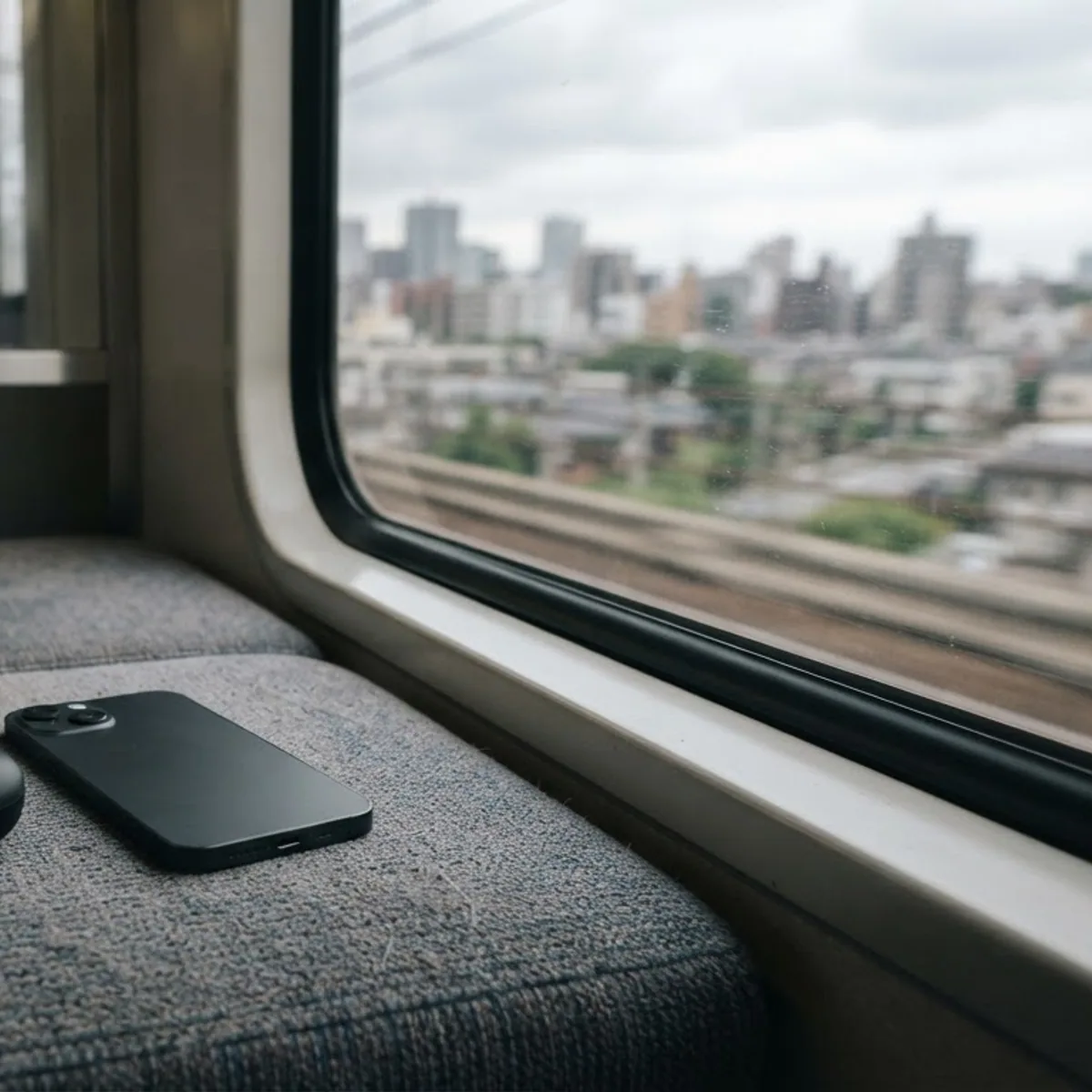 A closed black earbuds case and a smartphone on a train seat by the window, with a city passing outside.