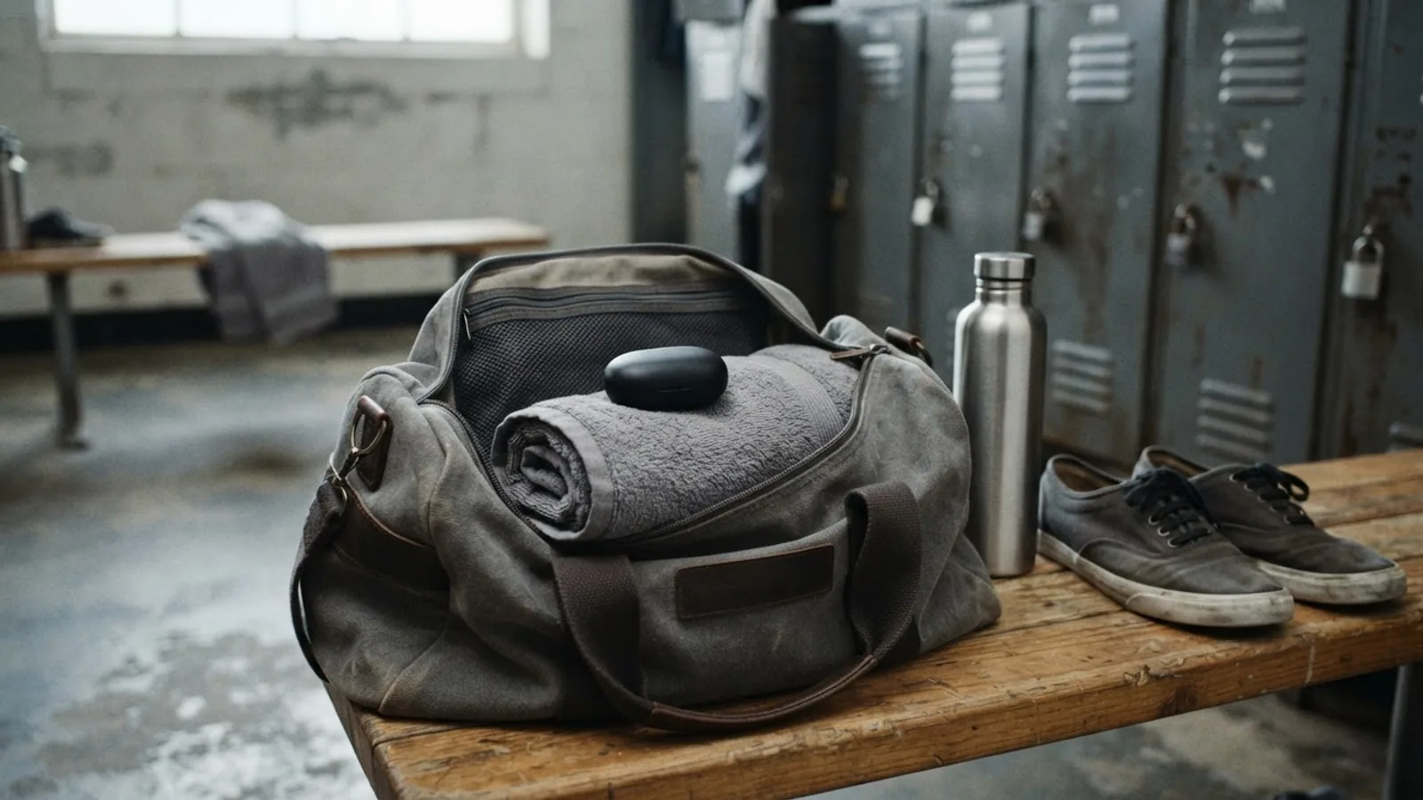 A closed black earbuds case on a rolled towel in an open grey gym bag, next to a steel water bottle and sneakers on a locker room bench.