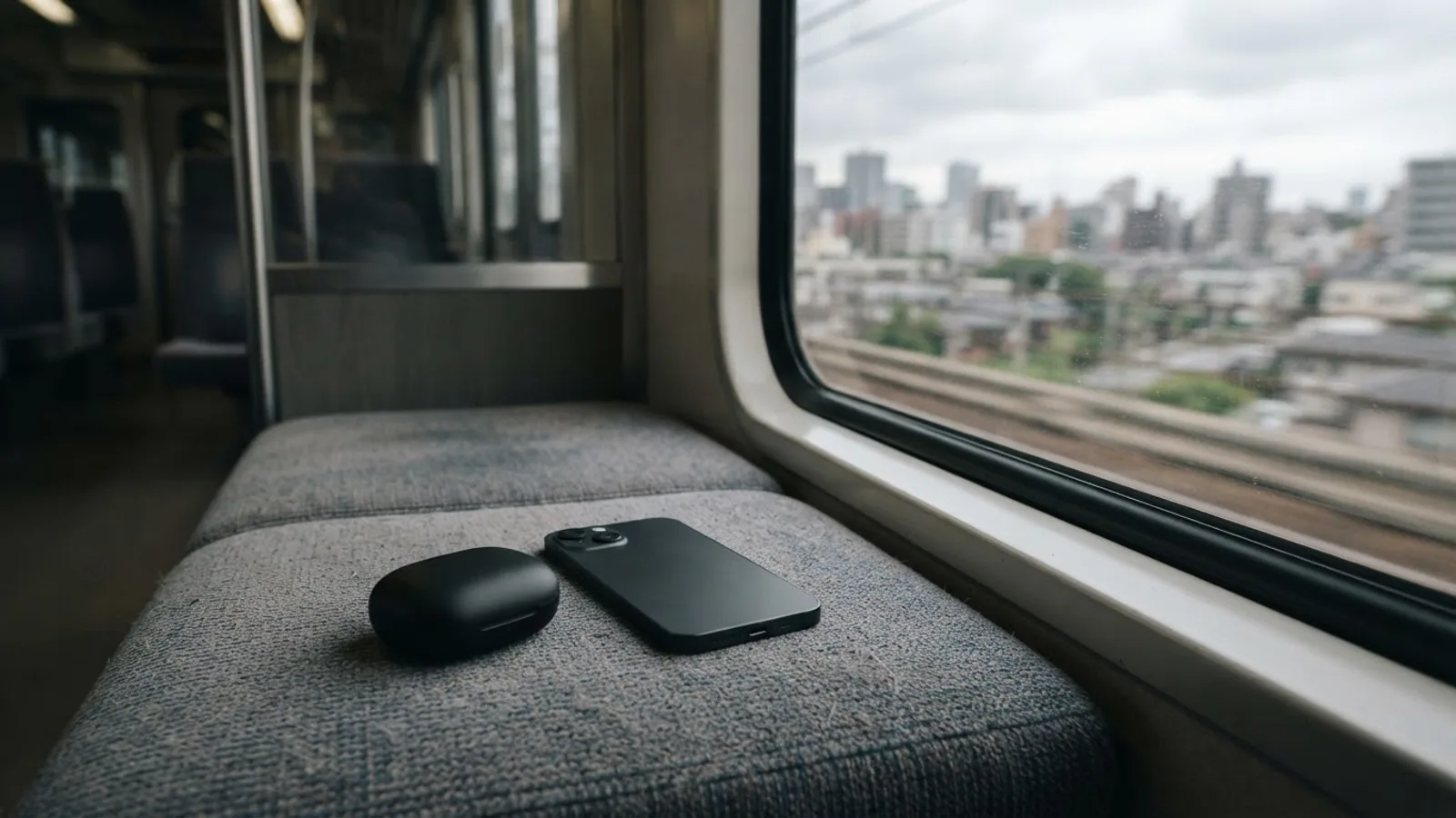 A closed black earbuds case and a smartphone on a train seat by the window, with a city passing outside.