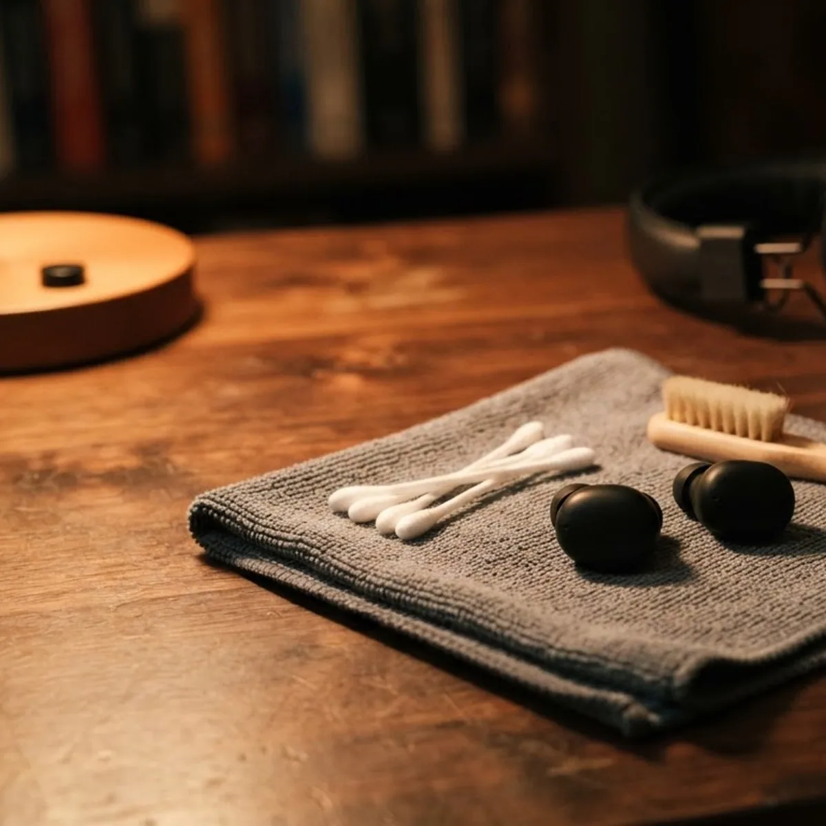Two black wireless earbuds on a grey microfiber cloth with cotton swabs and a soft brush, with over-ear headphones behind, under a desk lamp.