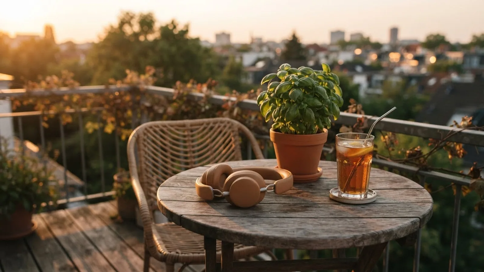Tan over-ear headphones on a round wooden balcony table beside a potted basil plant and a glass of iced tea at sunset.