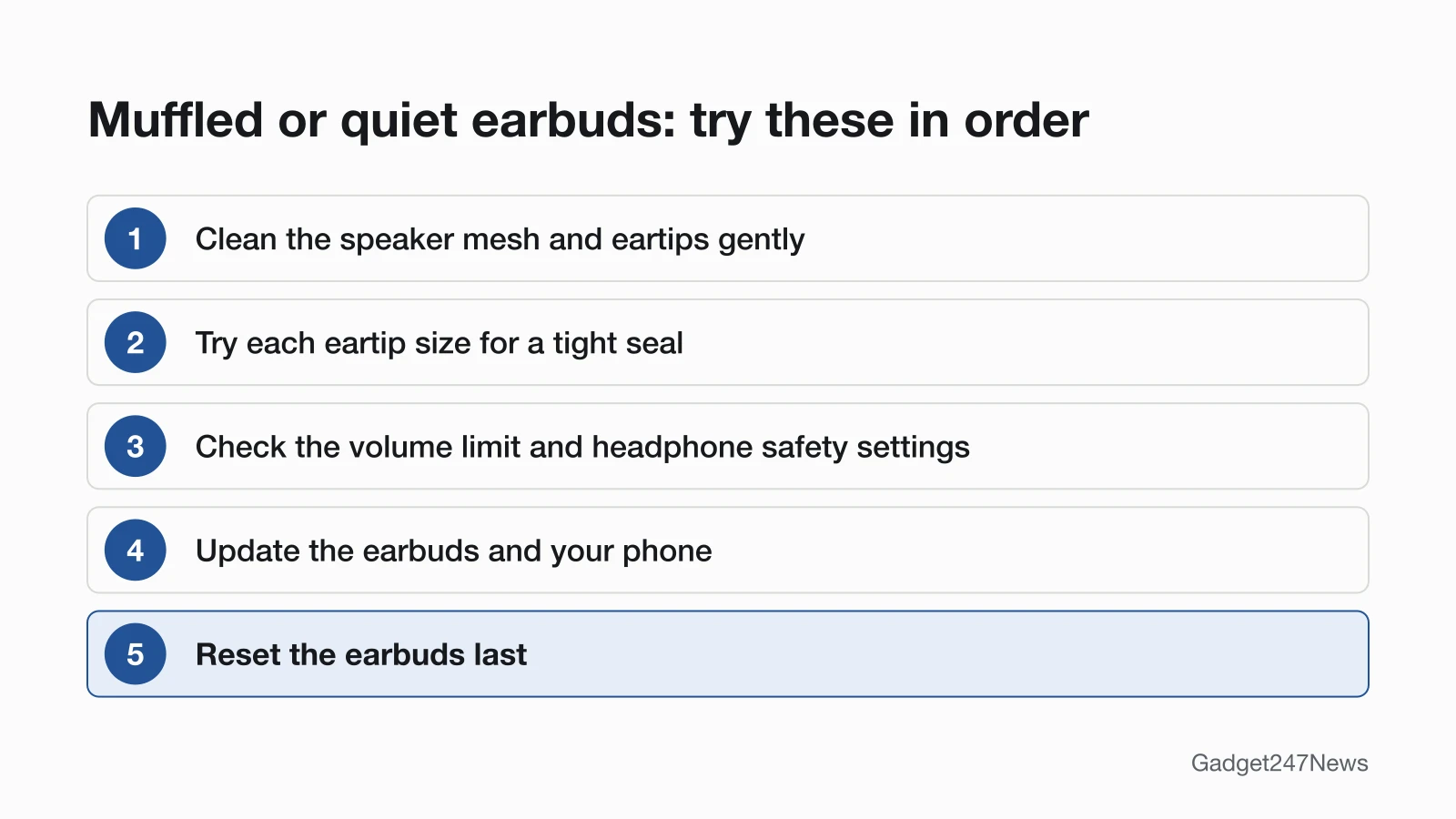 Diagram of five steps in order for muffled or quiet earbuds: clean the speaker mesh and eartips gently, try each eartip size for a tight seal, check the volume limit and headphone safety settings, update the earbuds and your phone, then reset the earbuds last.