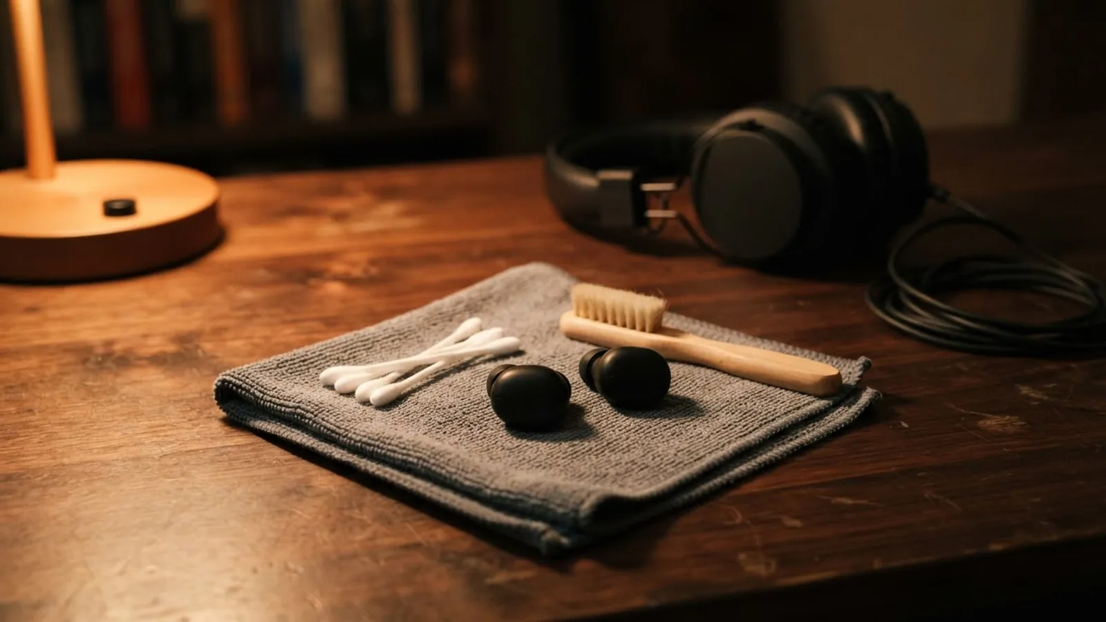 Two black wireless earbuds on a grey microfiber cloth with cotton swabs and a soft brush, with over-ear headphones behind, under a desk lamp.