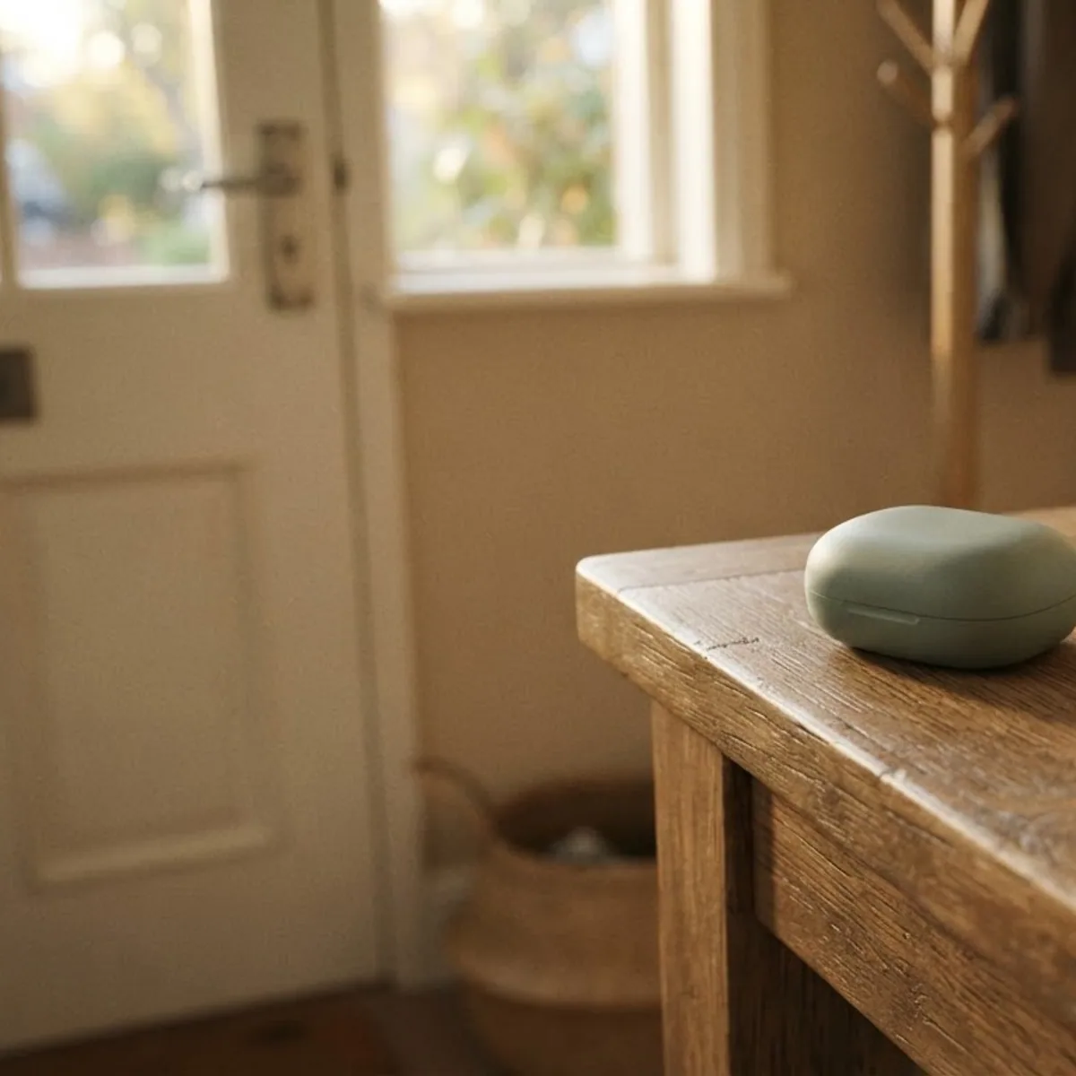 A closed sage green earbuds charging case next to a coiled grey cable, house keys and a ceramic dish on a wooden hallway table.