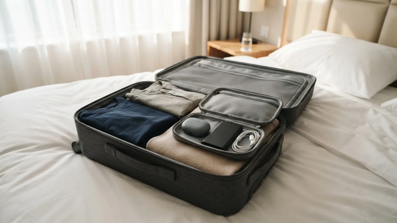An open travel pouch in a suitcase on a hotel bed, holding a grey earbuds case, a black power bank and a white charging cable.