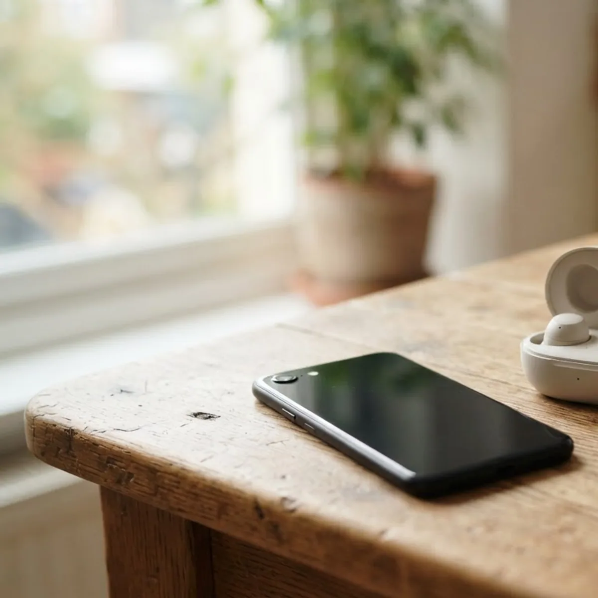 A smartphone with a dark screen next to an open charging case holding two wireless earbuds on a kitchen table at breakfast.
