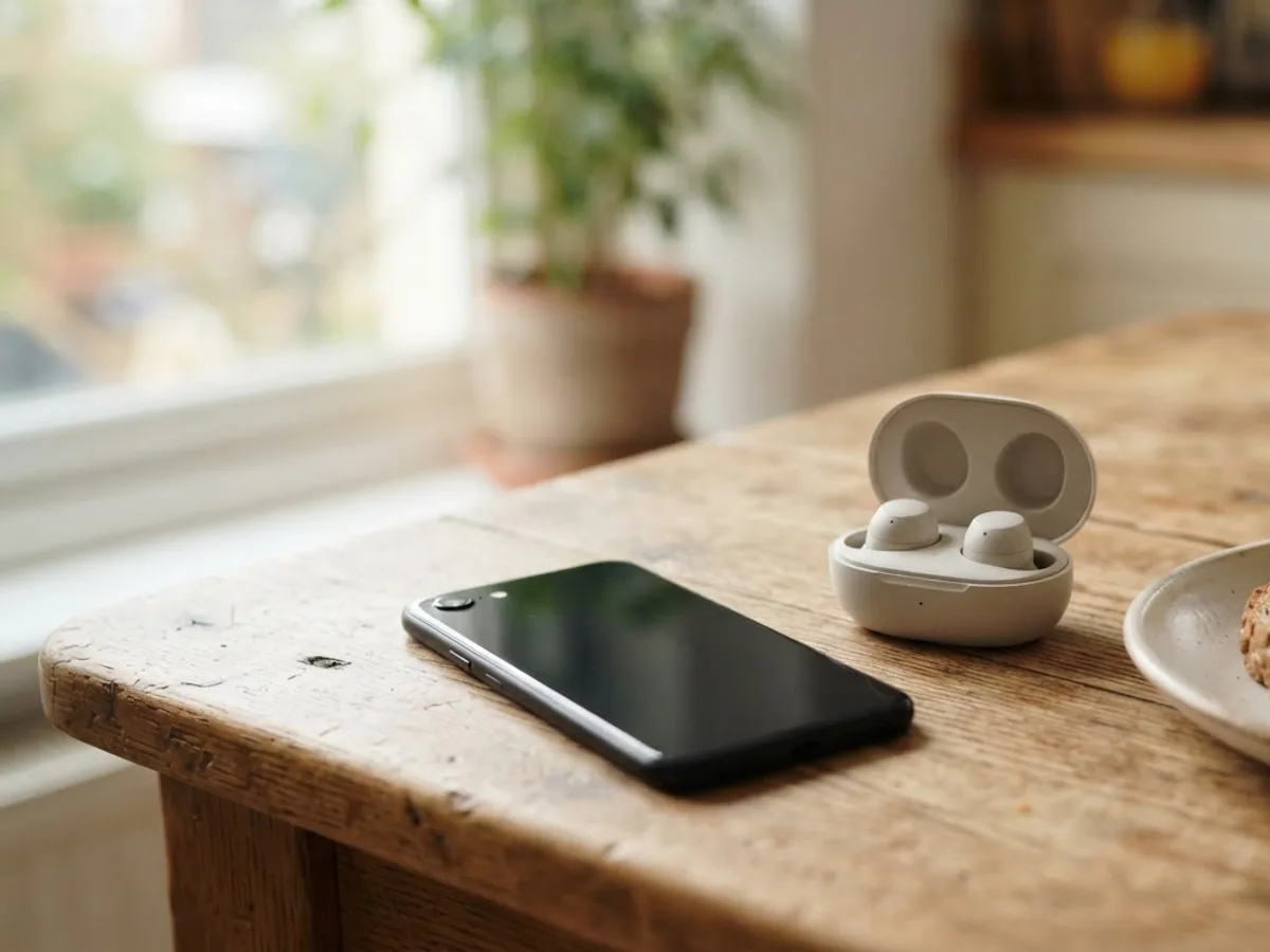 A smartphone with a dark screen next to an open charging case holding two wireless earbuds on a kitchen table at breakfast.