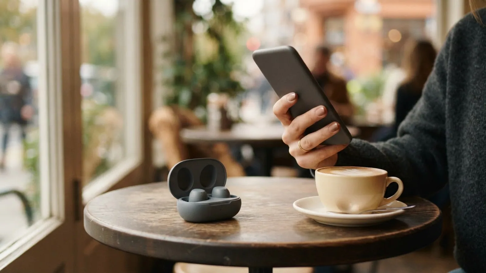 A hand holding a phone at a café table beside an open grey case of wireless earbuds and a cup of coffee.