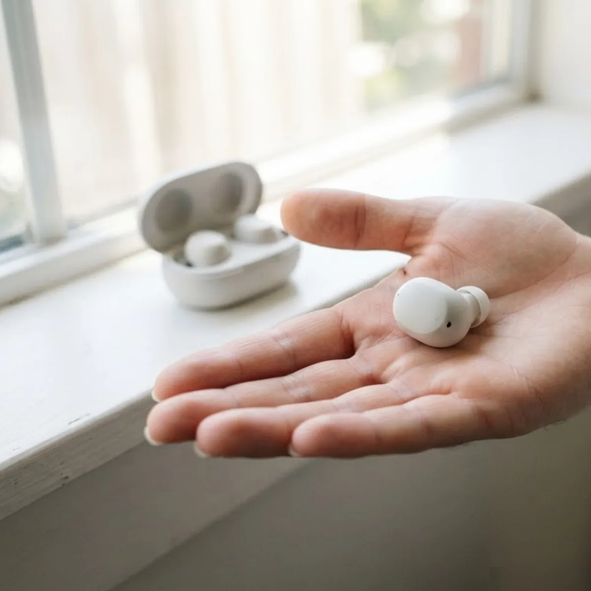 A single white wireless earbud resting on an open palm, with the open charging case and the other earbud on a windowsill behind.