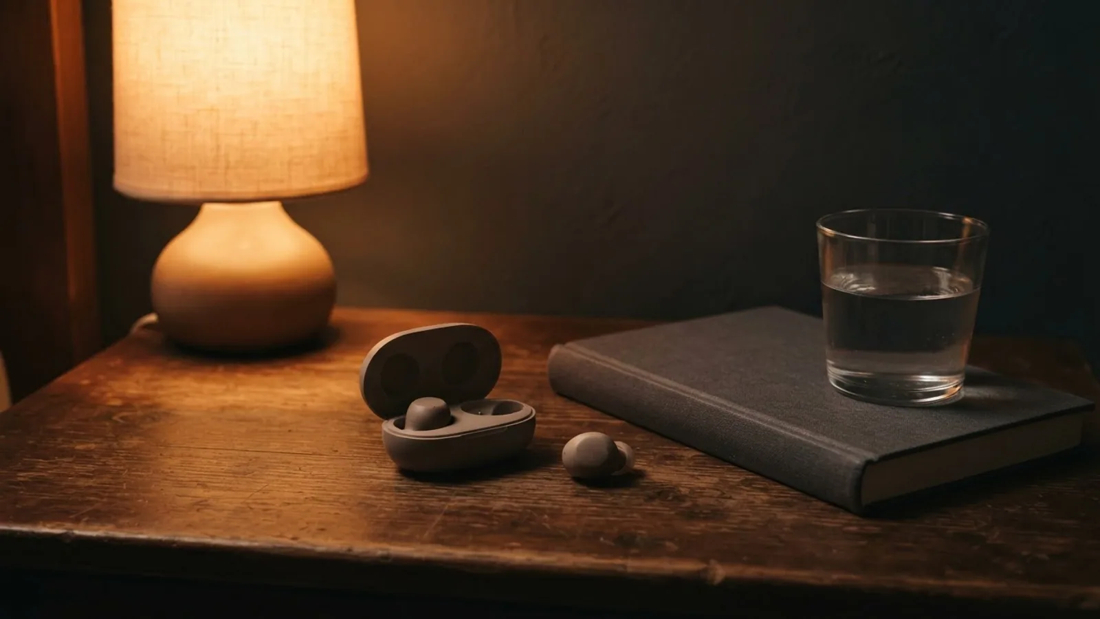 An open earbuds case holding one earbud, with the second earbud lying beside it on a bedside table next to a lamp, a book and a glass of water.