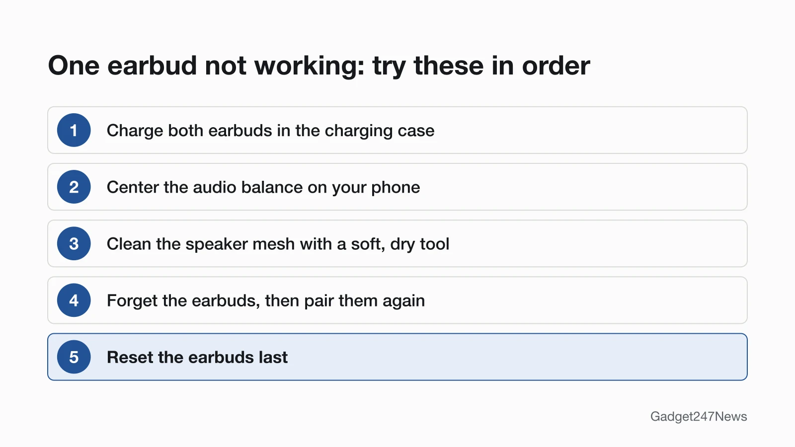 Diagram of five steps in order: charge both earbuds in the charging case, center the audio balance on your phone, clean the speaker mesh with a soft, dry tool, forget the earbuds and pair them again, reset the earbuds last