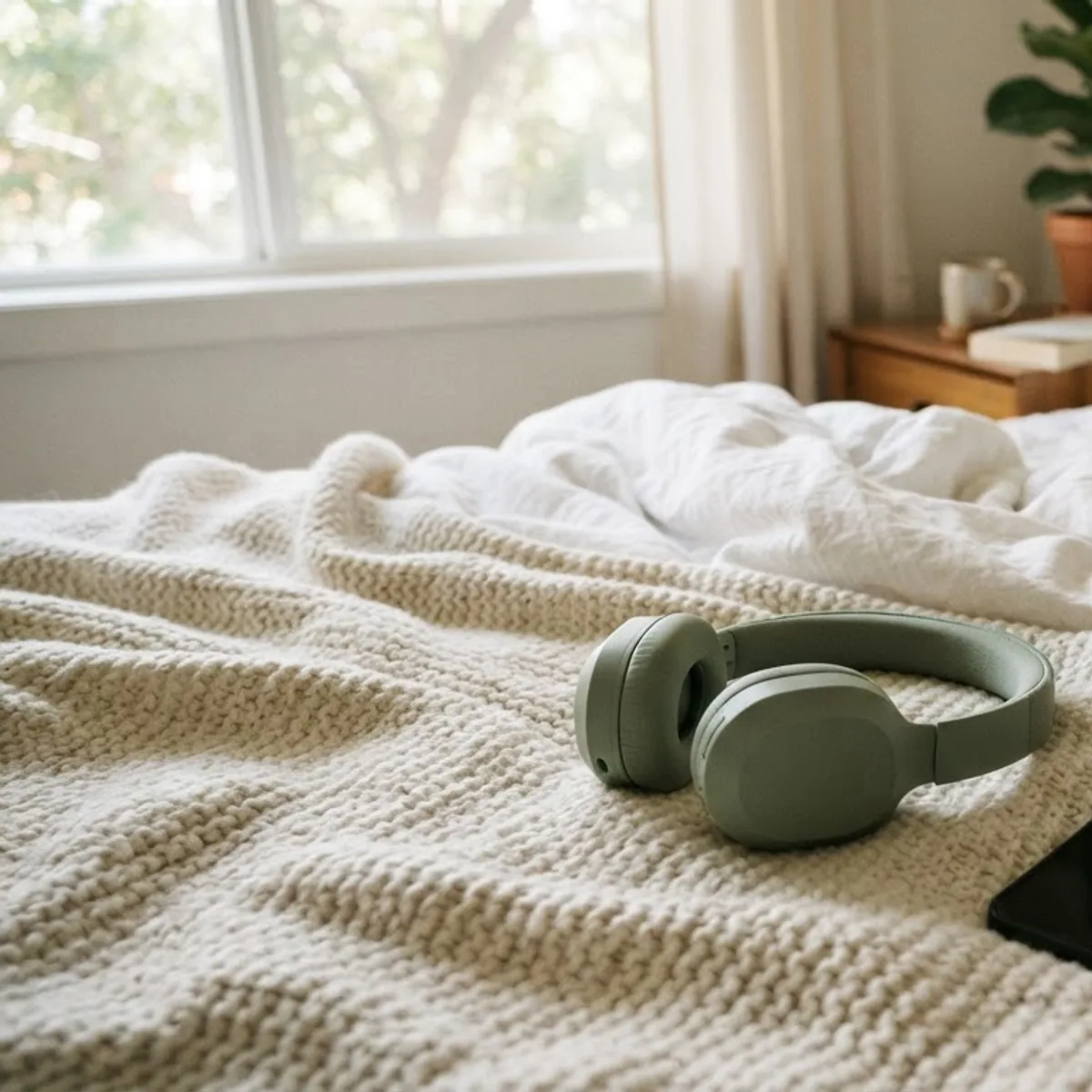 Sage green over-ear headphones and a smartphone with a dark screen lying on a cream knit blanket on a bed.