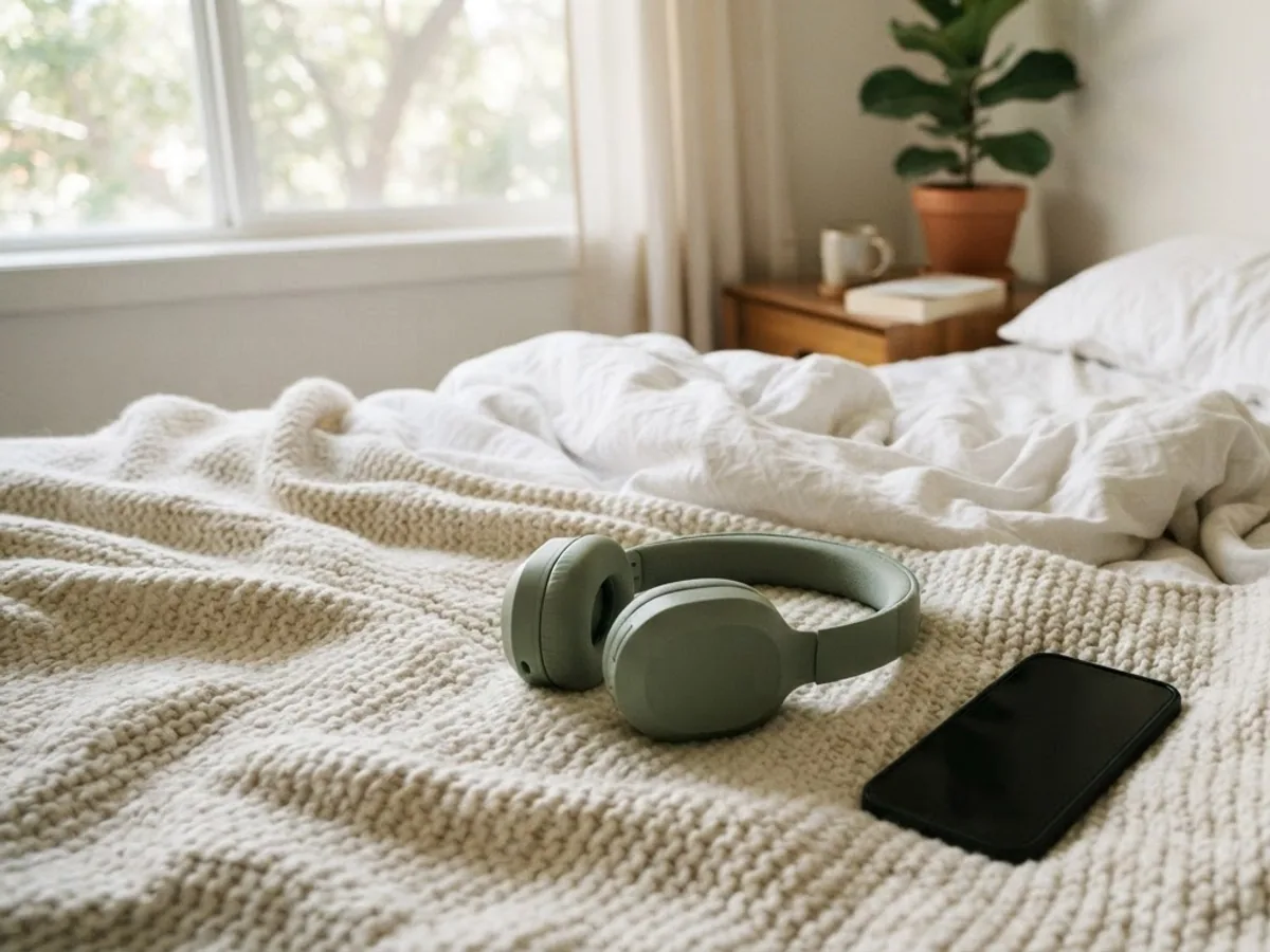 Sage green over-ear headphones and a smartphone with a dark screen lying on a cream knit blanket on a bed.
